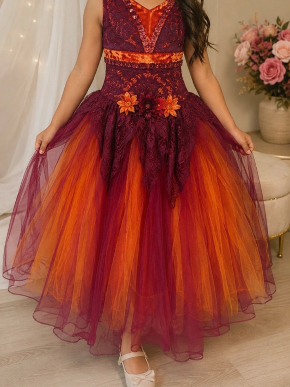 Girls' Burgundy & Orange Tulle Flower Party Dress